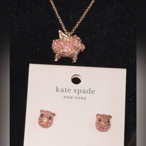 NEW! Kate Spade When Pigs Fly pink crystal pig 🐷 necklace AND stud earrings set